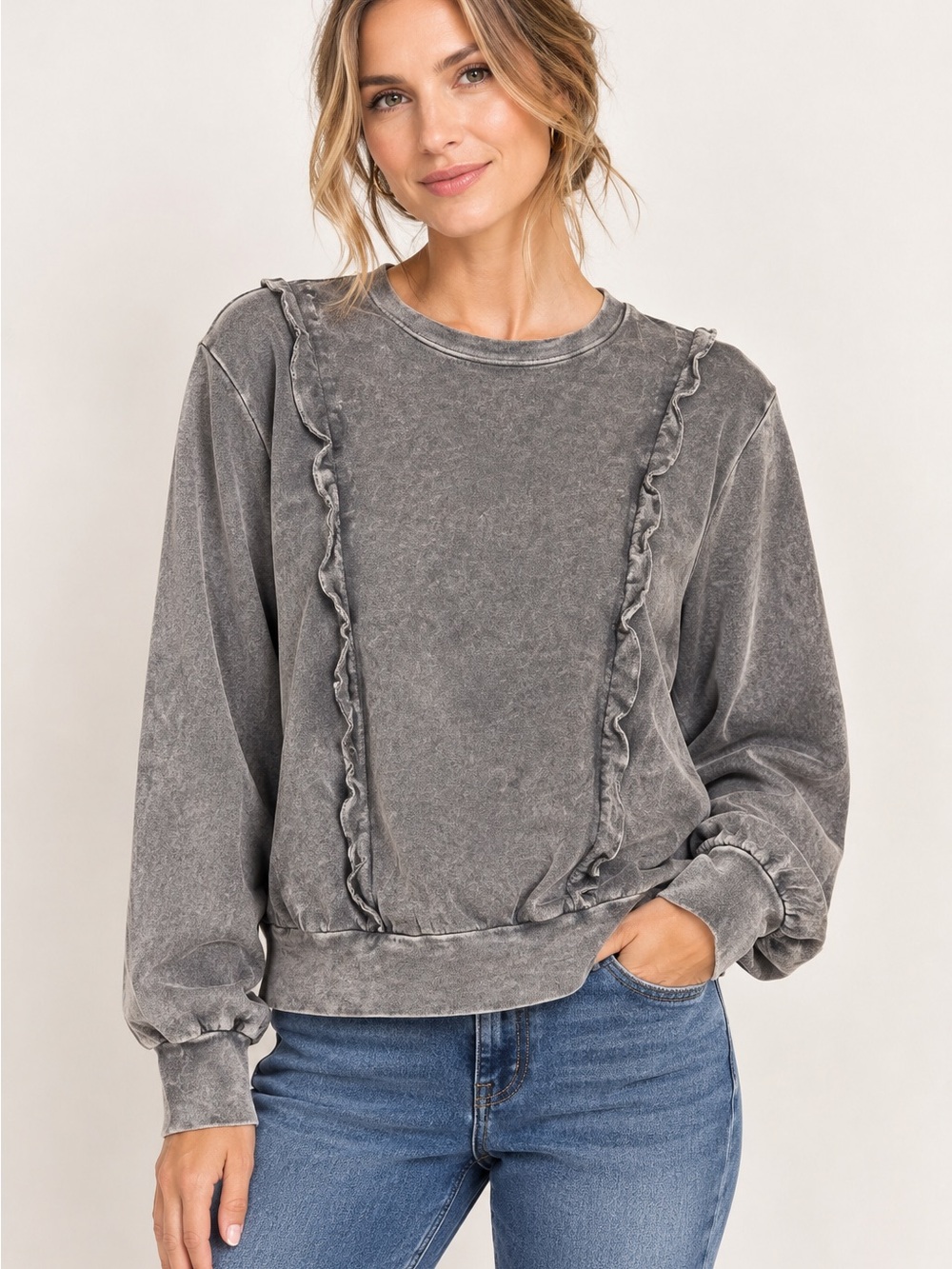 Eri + Ali Anthropologie Weckerlie Scalloped Sweatshirt Gray Mineral Wash M